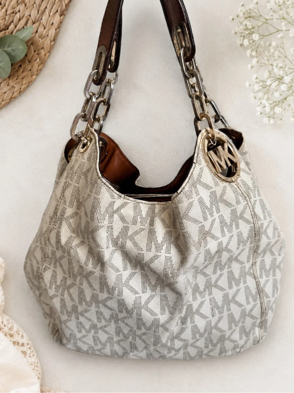 Michael Kors Cream MK Logo Hobo Bag